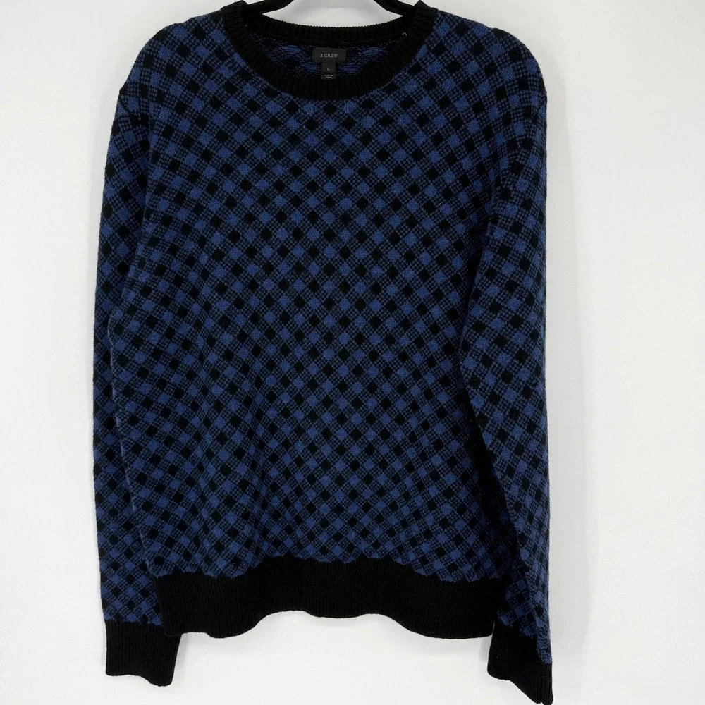 J Crew Sweater Mens Large Blue Black 100% Lambswool Crewneck‎ Argyle Check Knit